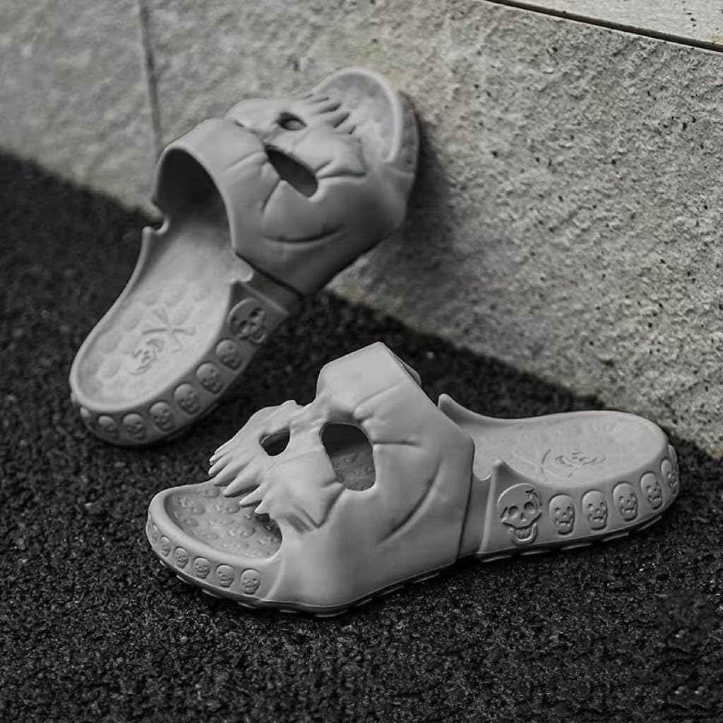 FSwinder Skull Ghost Slides, спортивные сандалии, противоскользящие облачные тапочки для мужчин и женщин, удобные домашние туфли с открытым носком, домашние туфли для открытого пальца, Хэллоуин Skull Slides, толстые мягкие туфли для душа, серый — фото 3