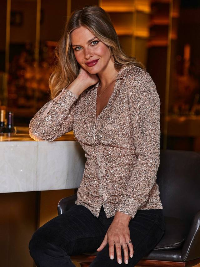 

Рубашка с пайетками и сборкой спереди Sosandar, Rose Gold