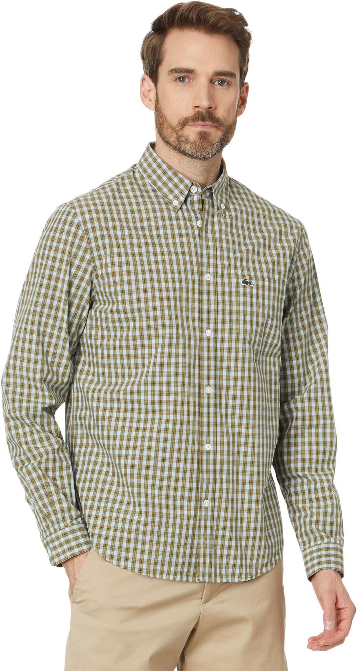 

Рубашка Lacoste Long Sleeve Regular Fit Plaid Casual Button-Down Shirt, цвет Tank/Multico