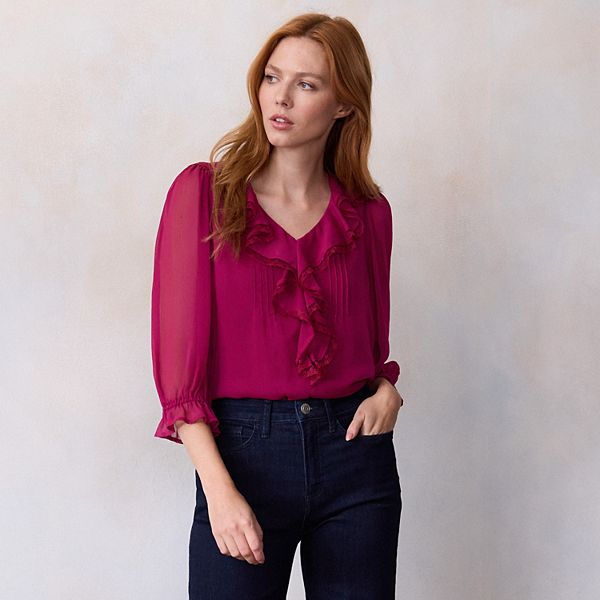 

Блузка с 3/4 рукавом и рюшами на груди Lc Lauren Conrad, Berry Sauce