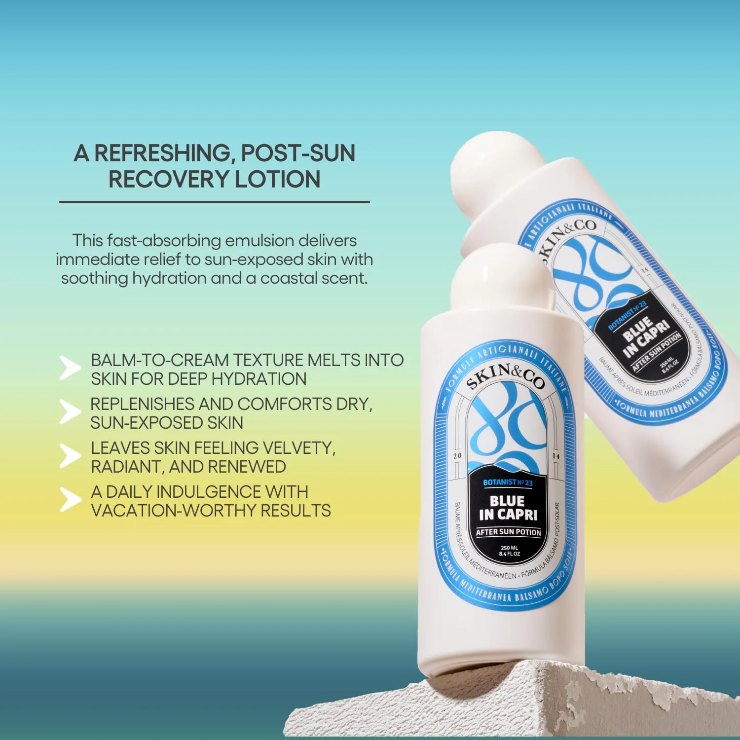 SKIN&CO Roma Blue в оттенке Capri After Sun Potion, успокаивающий бальзам для тела после загара с алоэ вера, маслом ши, маслом семян манго и средиземноморской травяной смесью, 8,4 жидких унции — фото 2