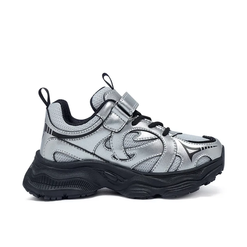 Детские повседневные кроссовки low top из искусственной кожи, нескользящие, дышащие, устойчивые к ударам и истиранию BIG WASP, черный серебро — фото 2