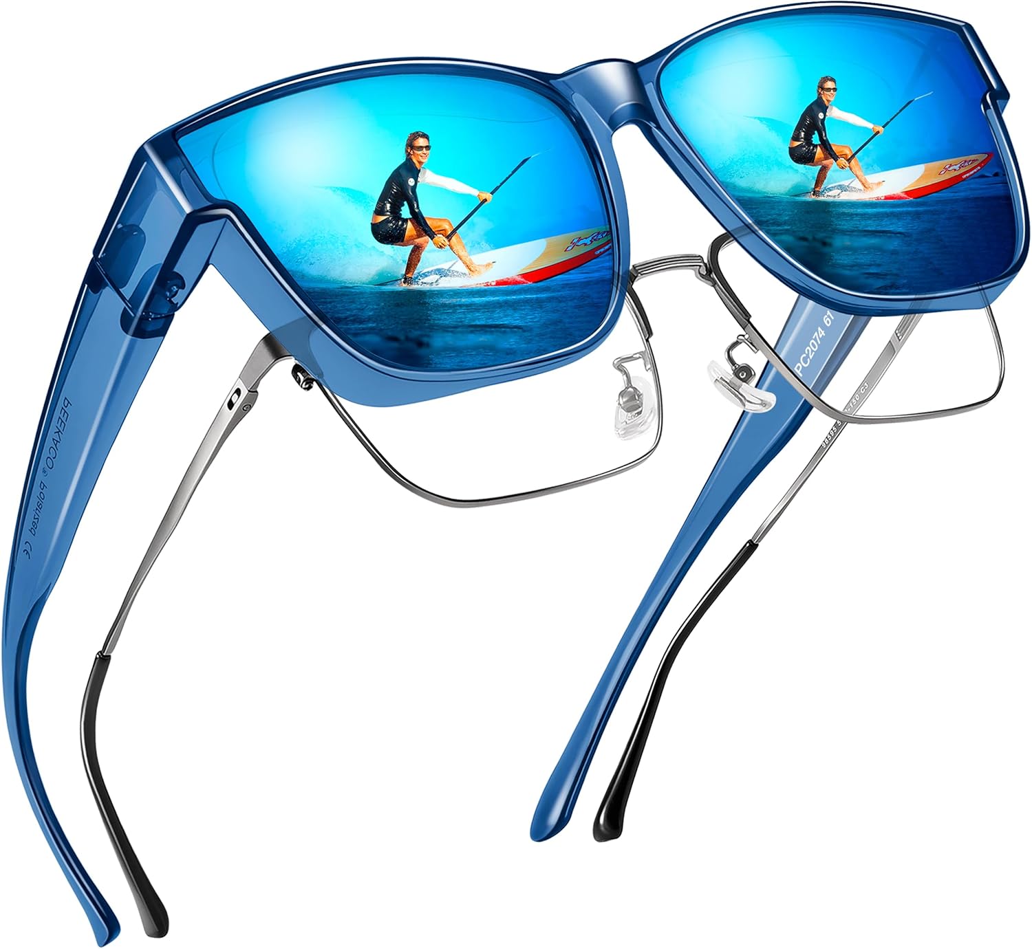 

Поляризованные солнцезащитные очки, надеваемые поверх обычных очков, для женщин и мужчин, большие квадратные летние очки с защитой от УФ-излучения UV400 Peekaco, A22 Navy Blue Frame/Blue Mirrored Lens