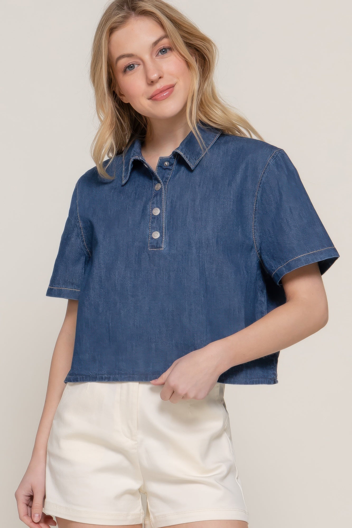 

FASHNZFAB Женская рубашка свободного кроя с коротким рукавом из денима, цвет dark denim