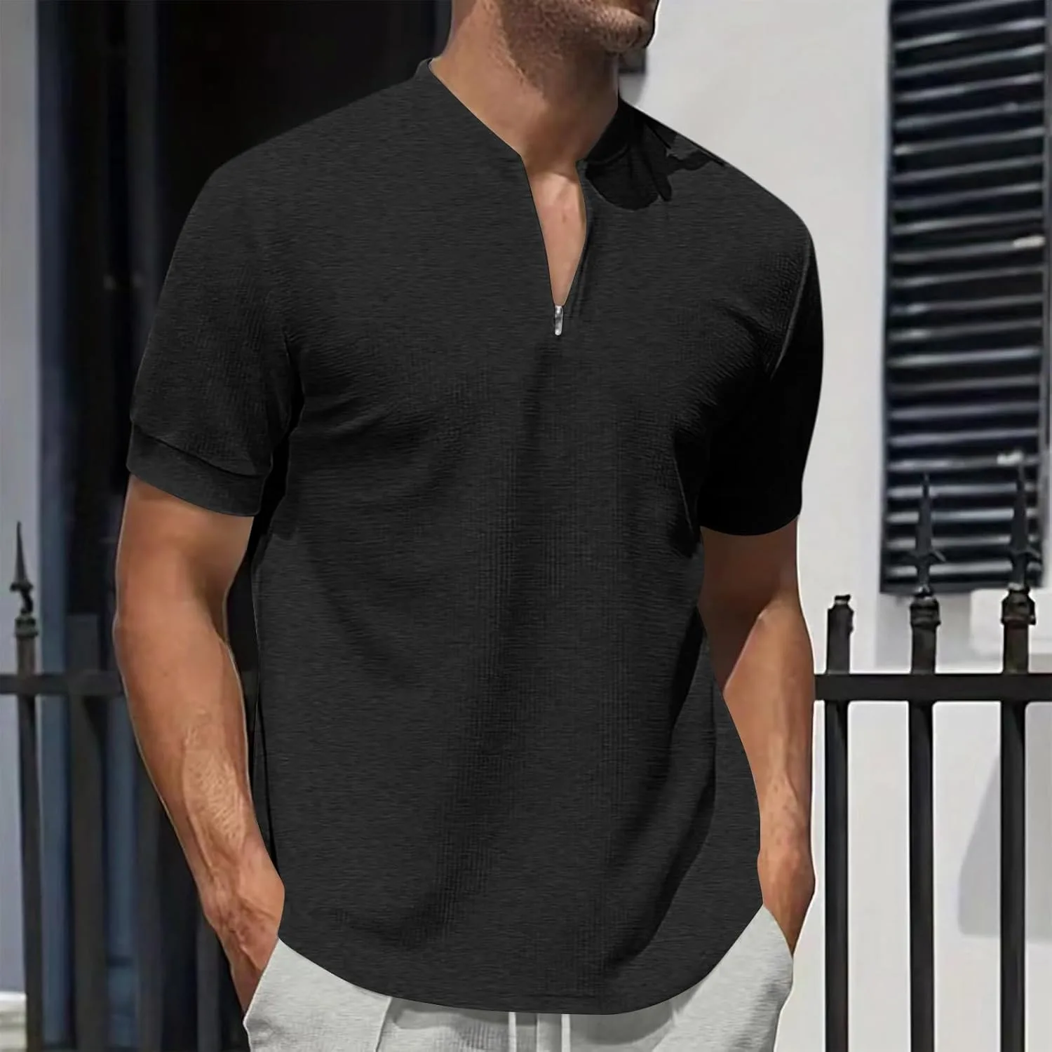 Мужская футболка-поло с коротким рукавом Slim Fit, облегающая, с молнией — фото 2
