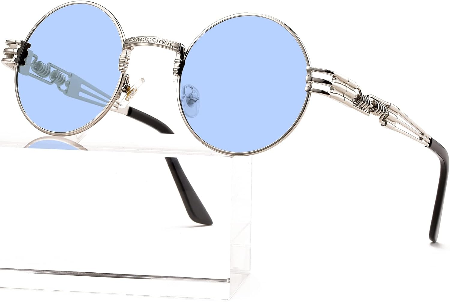 

Солнцезащитные очки AIEYEZO круглой формы в стиле стимпанк для мужчин и женщин, ретро-очки в стиле хиппи, металлическая оправа, линзы со 100% защитой от УФ-излучения, Silver/Clear Blue