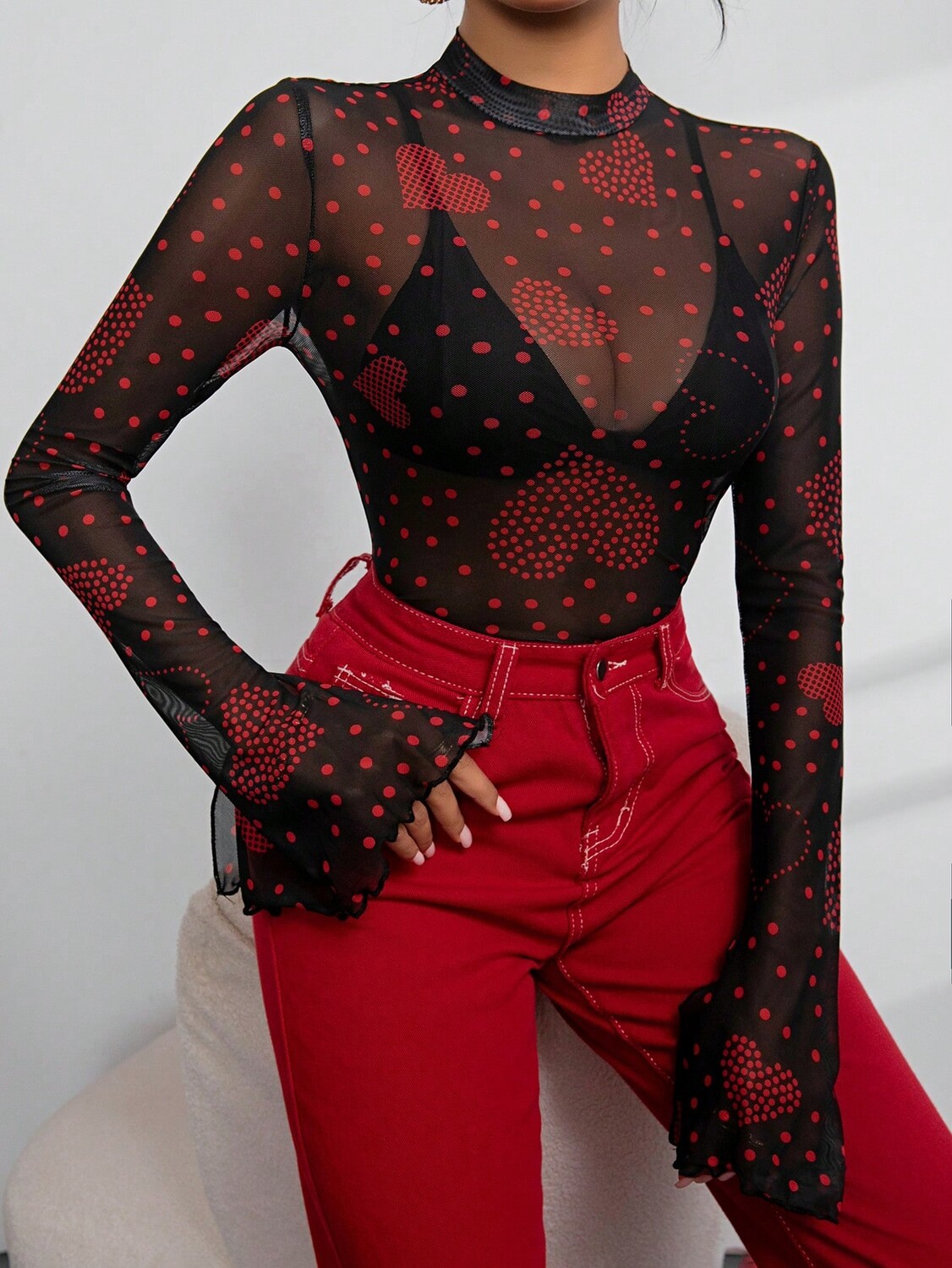 

SHEIN Privé Женский топ, сердце и горошек, сетчатый узор, многоцветный