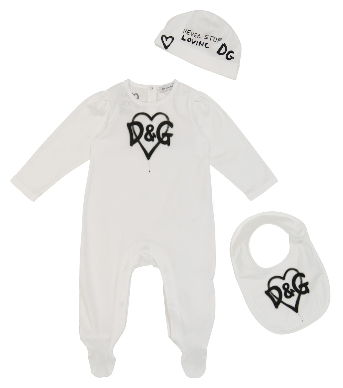 

Комплект из комбинезона, нагрудника и шапочки с принтом для малышей Dolce&Gabbana Kids, Dg Logo Nero Fdo.Bia
