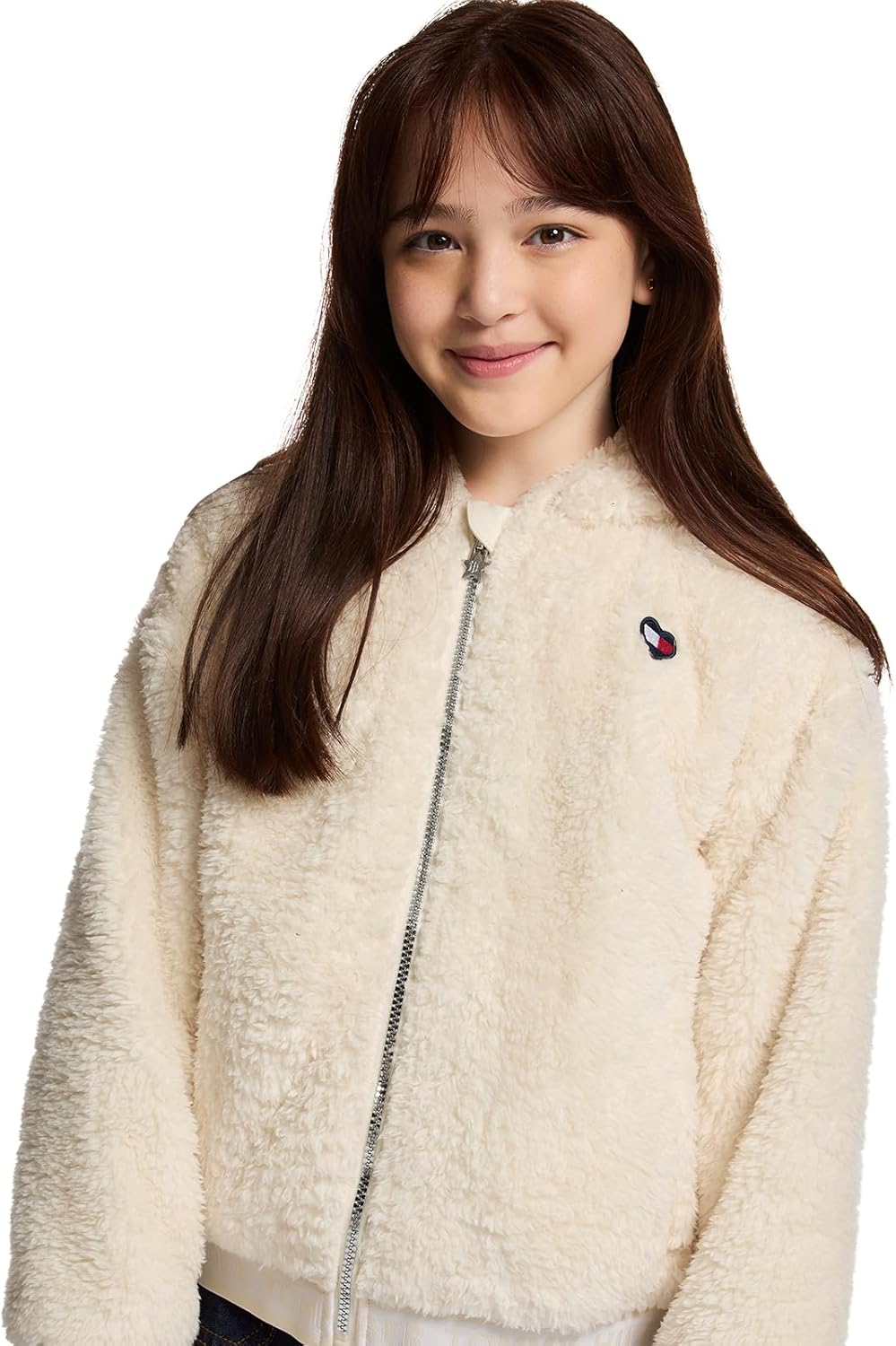 Толстовка Tommy Hilfiger с длинными рукавами из искусственной шерсти Minky Sherpa на молнии с капюшоном и передними карманами для девочек, White Swan — фото 4