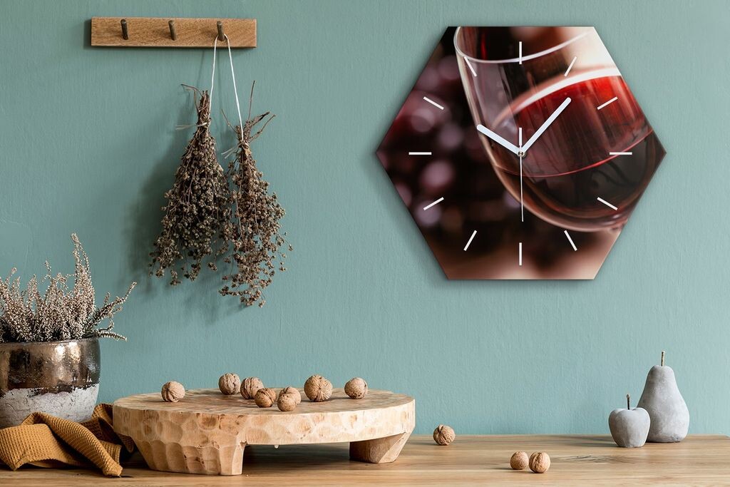 

Часы шестигранные 40 см стекло Тихие белые стрелки - бокал для вина и винограда TastyPrints, красный