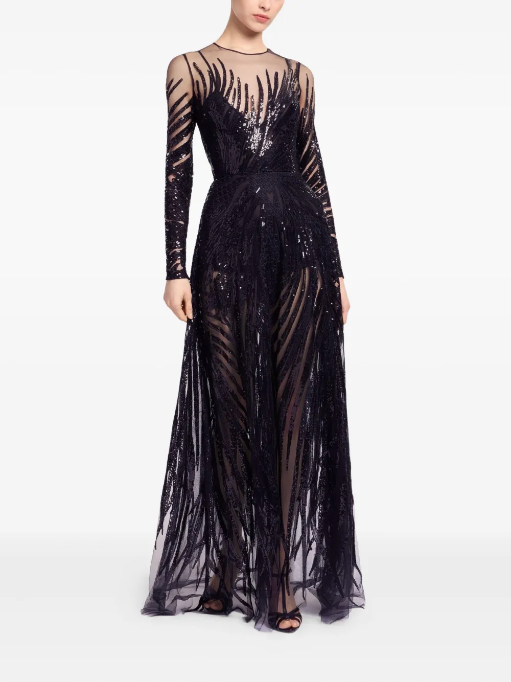 

Платье из тюля с вышивкой и пайетками Elie Saab, черный