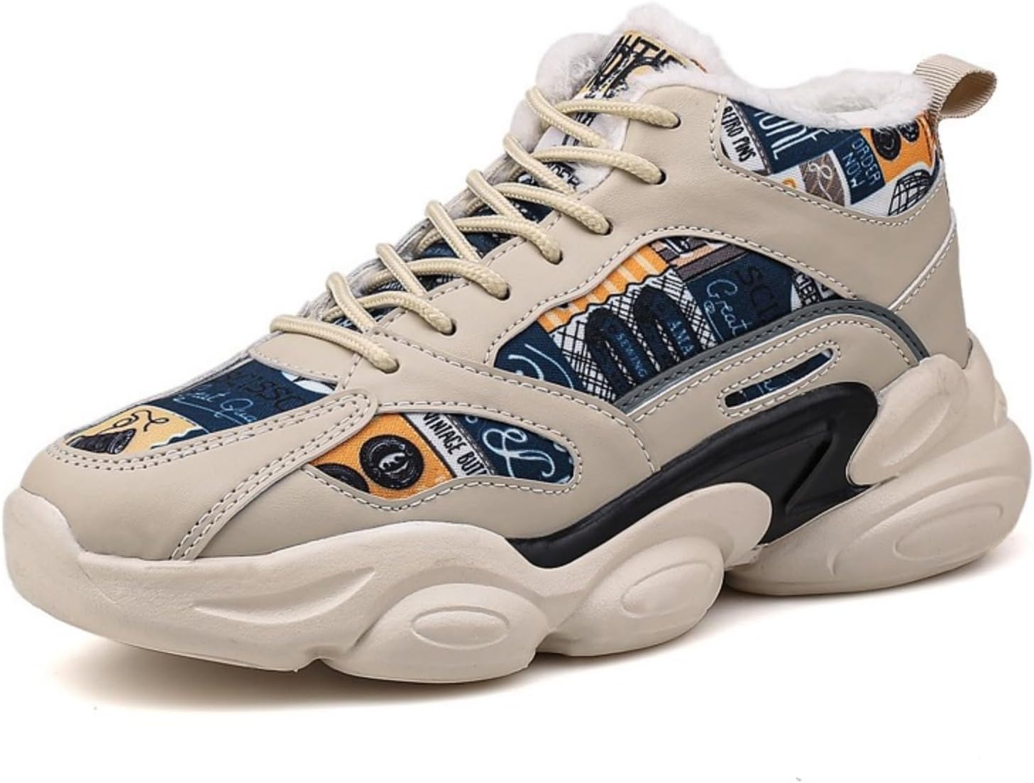 

Мужские высокие кроссовки с флисовой подкладкой, теплые, с толстой подошвой в уличном стиле, стильные и удобные, подходят для повседневной носки зимой и городских путешествий Khwfjas, бежевый