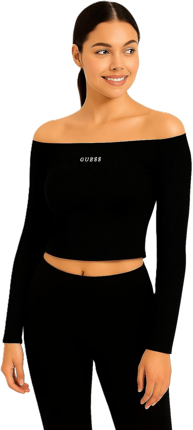 

Футболка GUESS Womens Eco Long Sleeve Carla Knit Tops, Jet Black, Черный, Футболка GUESS Womens Eco Long Sleeve Carla Knit Tops, Jet Black