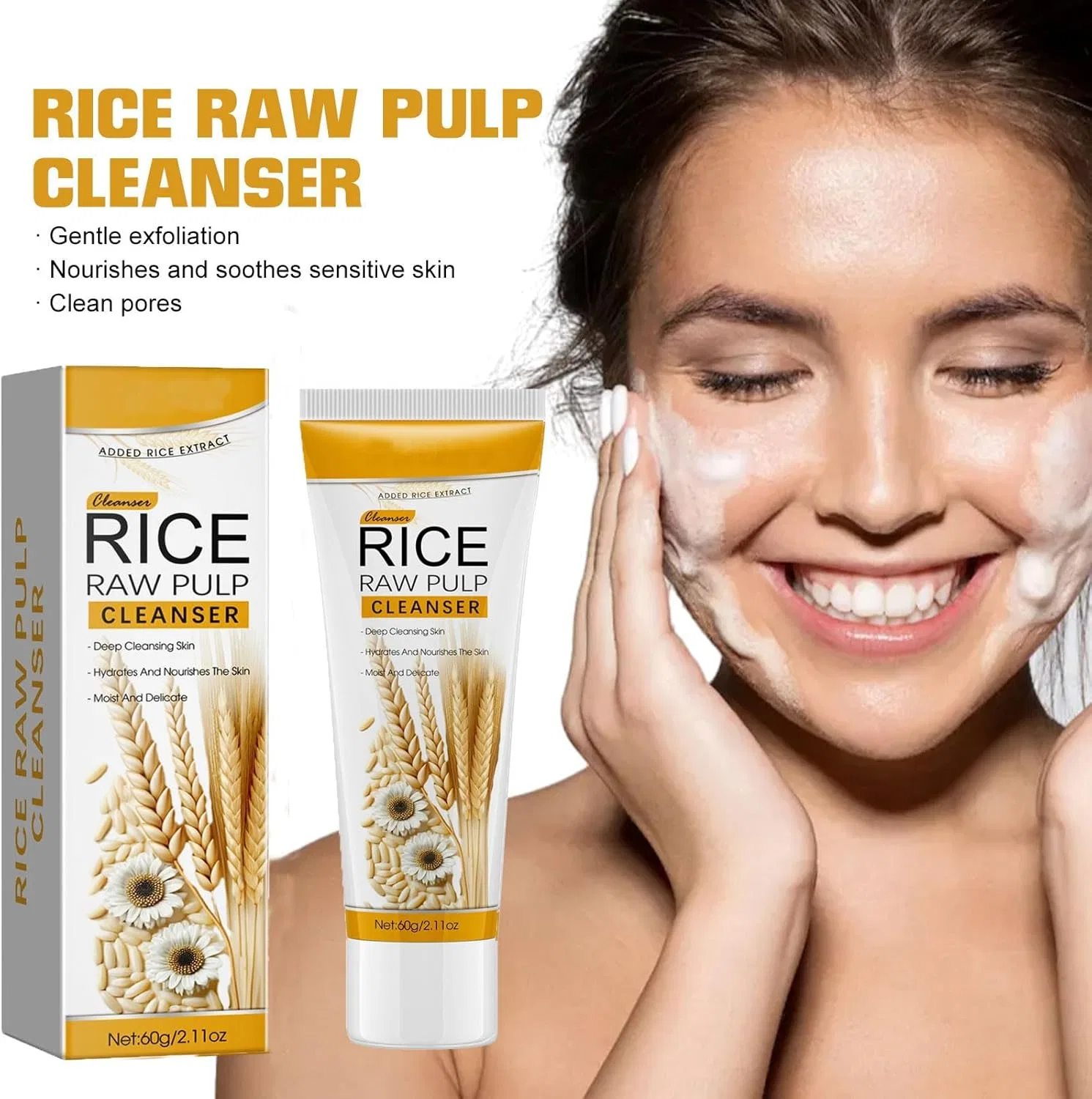 Гель для умывания Rice Puree, очищающая пенка, осветляющая, смягчающая, 80 г, желтый — фото 3