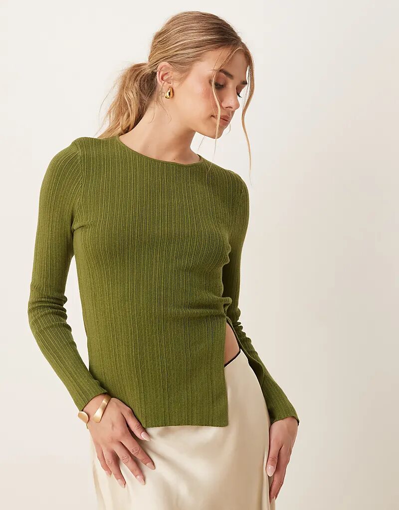 

Удлиненный трикотажный топ ASOS DESIGN с круглым вырезом и разрезами по бокам цвета хаки