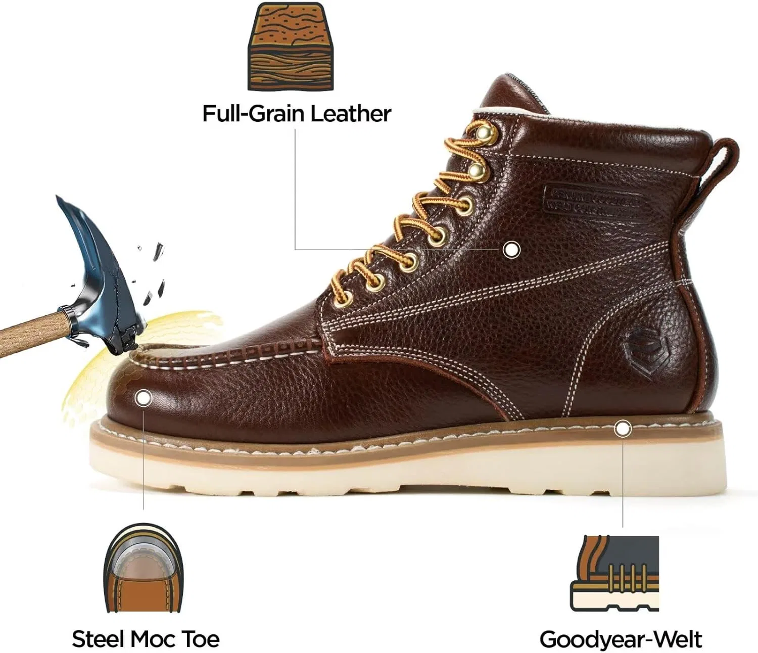 Рабочие ботинки SUREWAY GoodyearWelt 6" для мужчин, из высококачественной натуральной кожи, на танкетке, легкие, с удобной стелькой, масляным противоскользящим покрытием EH, для промышленного строительства, Steel Toe Cap Dk Bn — фото 4