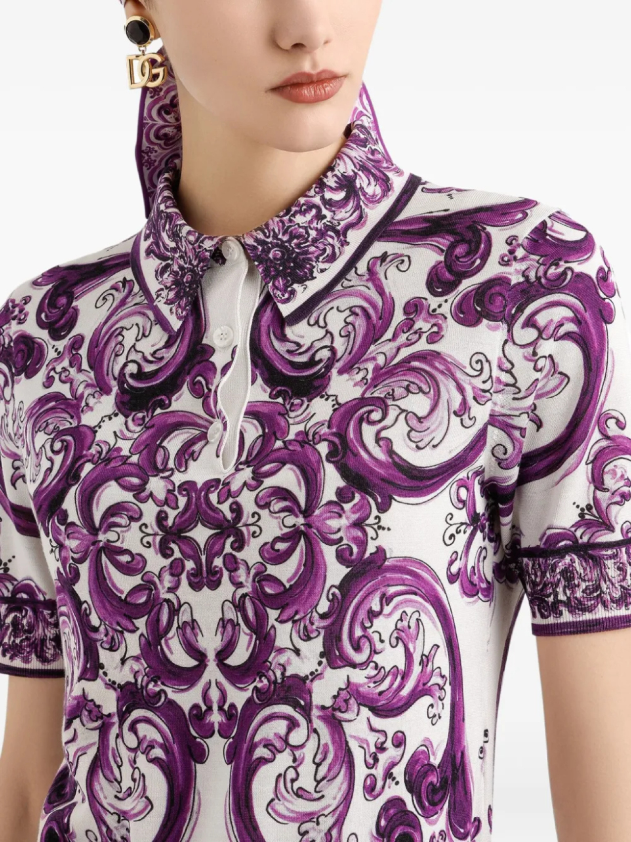 Dolce & Gabbana шелковая рубашка поло с принтом Majolica, белый — фото 4