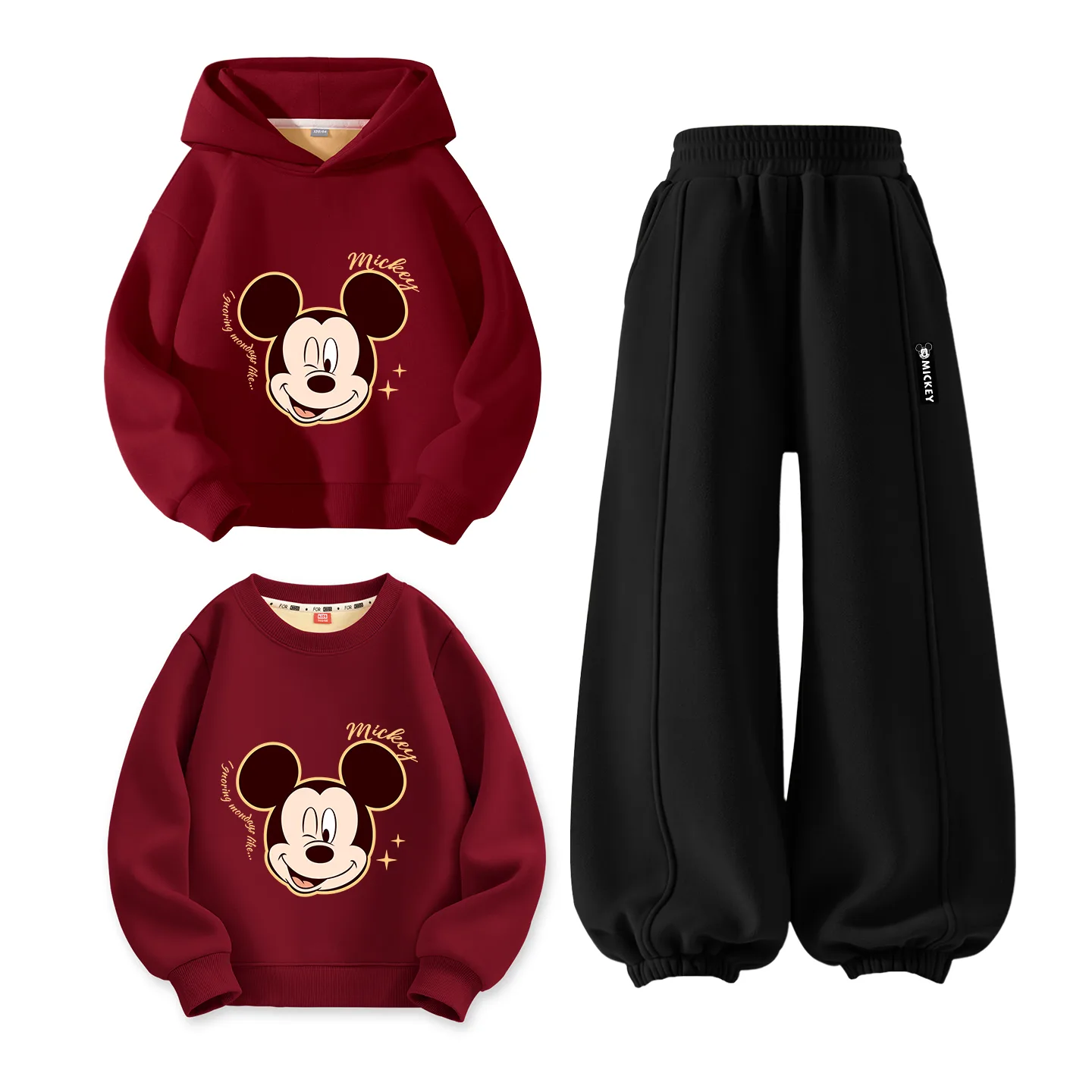 Детский спортивный комплект из 3 предметов Disney, [Thickened and Fleece-Lined]Dich Star Burgundy+Dich H Long Hook-and-Loop K Black+Dich Star Burgundy