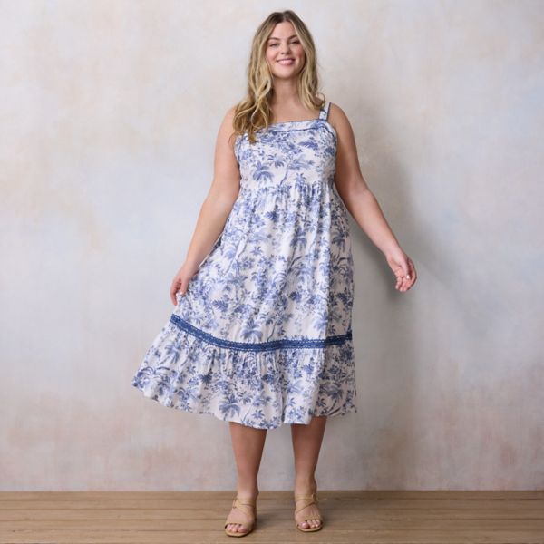 

Платье миди с завязками больших размеров Lc Lauren Conrad, цвет blue tropical toile