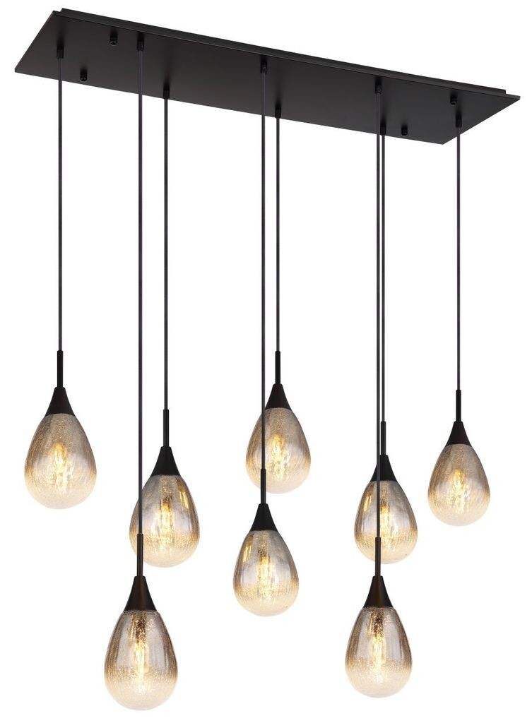

Подвесной светильник Globo Lighting металлический, черный матовый, дымчатое кракелюрное стекло, черный текстильный кабель, высота может быть уменьшена, ДxШxВ: 970x340x1200 мм, без 8x светодиодов E14 9 Вт 230 В.