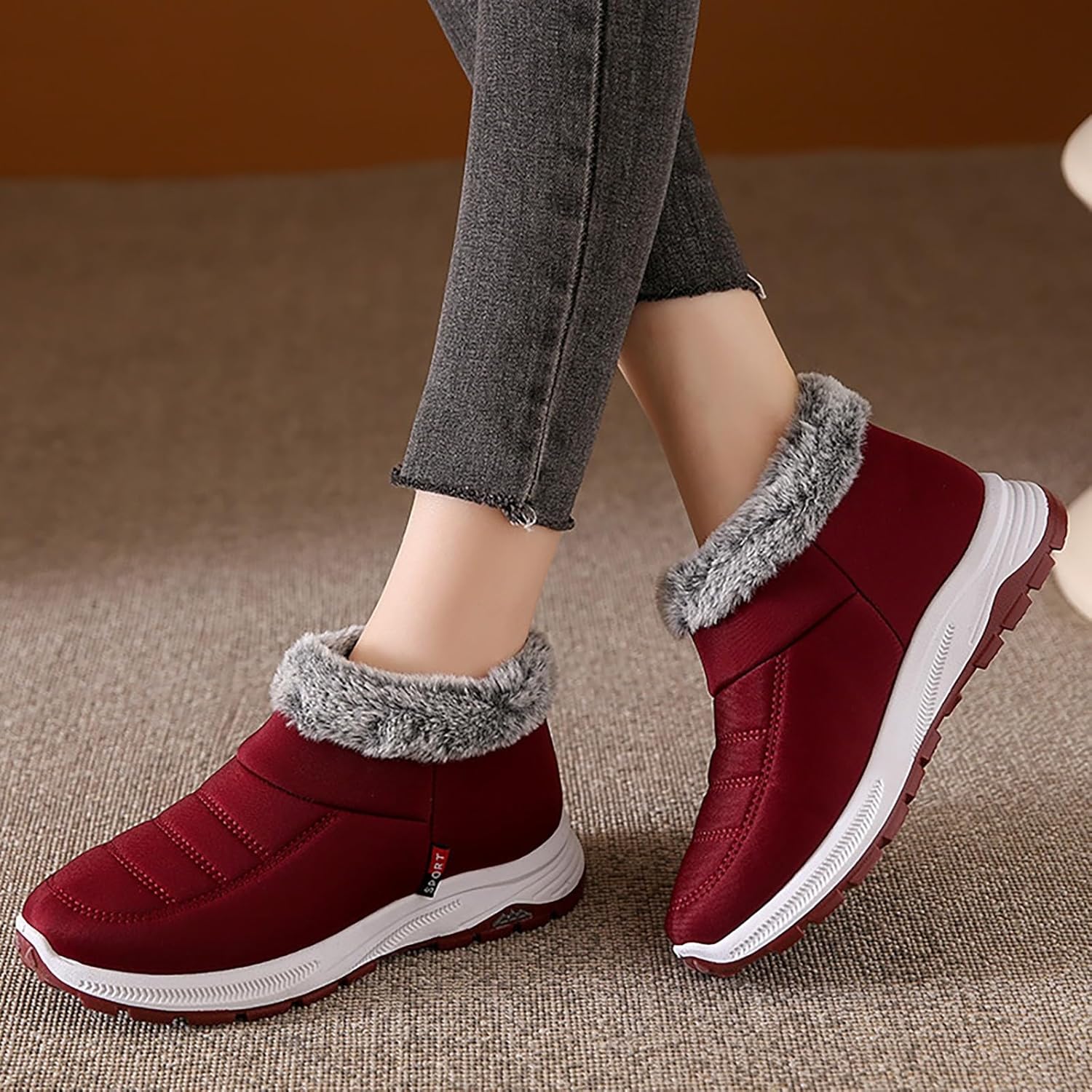 Унисекс женские и мужские зимние ботинки для снега, ботильоны, водонепроницаемые, зимние ботинки из синтетической кожи, с боковой молнией, водоотталкивающие Generic, красный — фото 2
