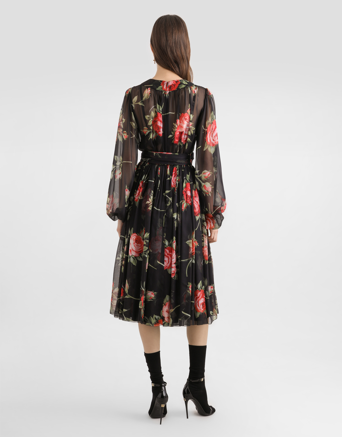 Шифоновое платье с принтом "букет роз" DOLCE & GABBANA, мультиколор — фото 3