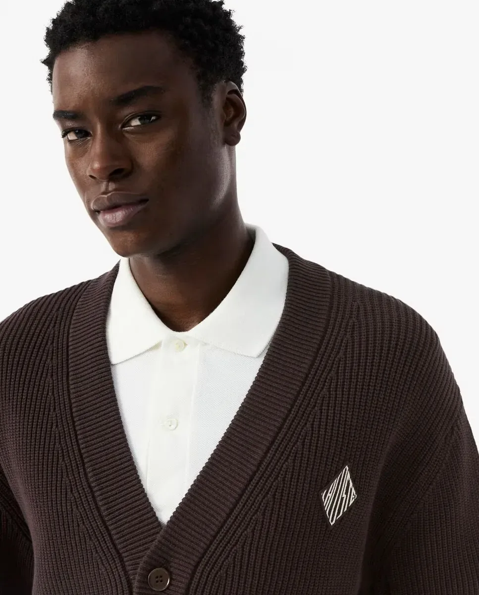 Мужская вязаная куртка с ребристым узором из хлопка свободного кроя Lacoste, коричневый — фото 3