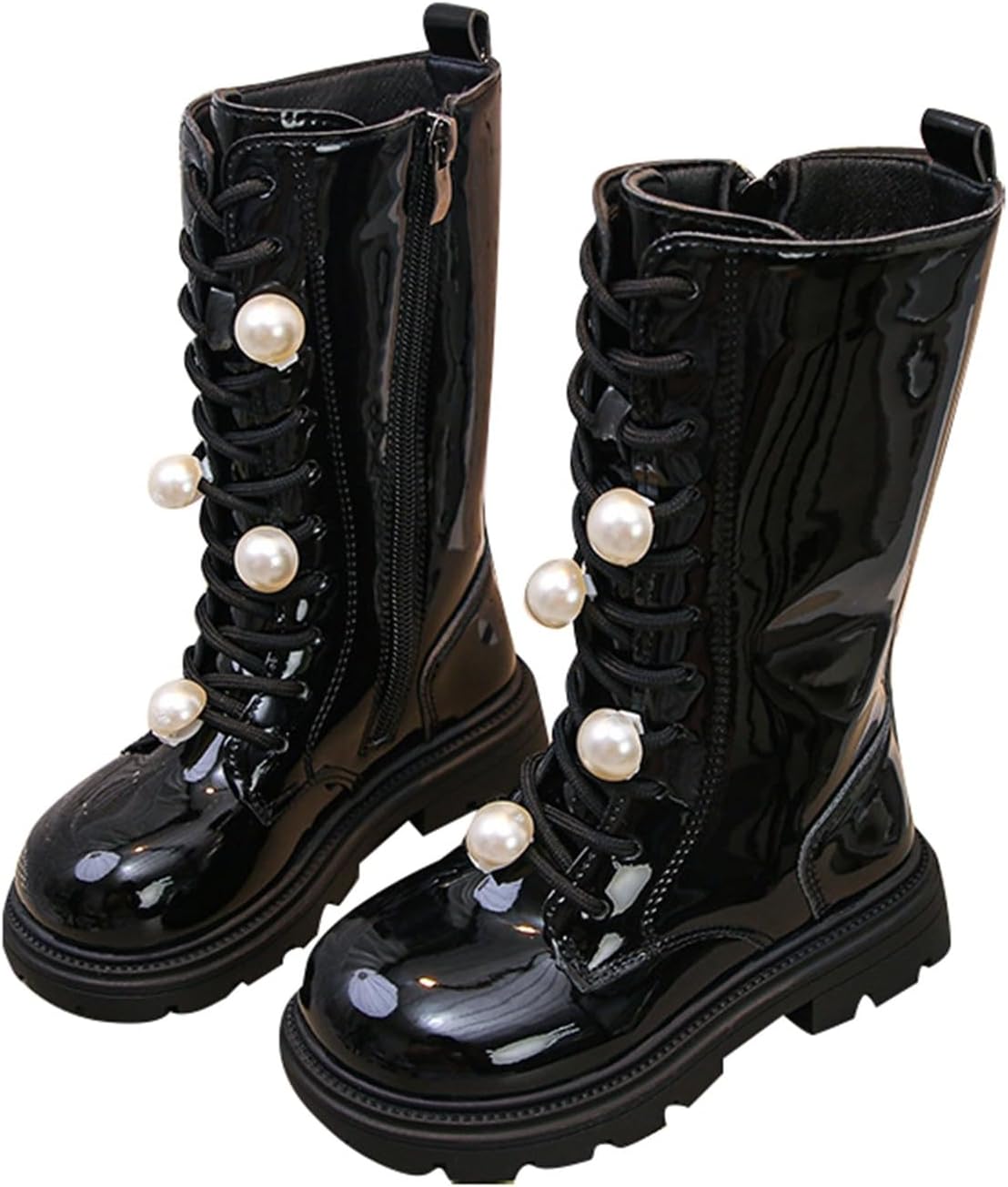 

Детские сапоги для девочек на шнуровке, зимние вязаные сапоги до колена с боковой молнией, модные панк-сапожки из кожи, 3-12 лет Generic, C - Black