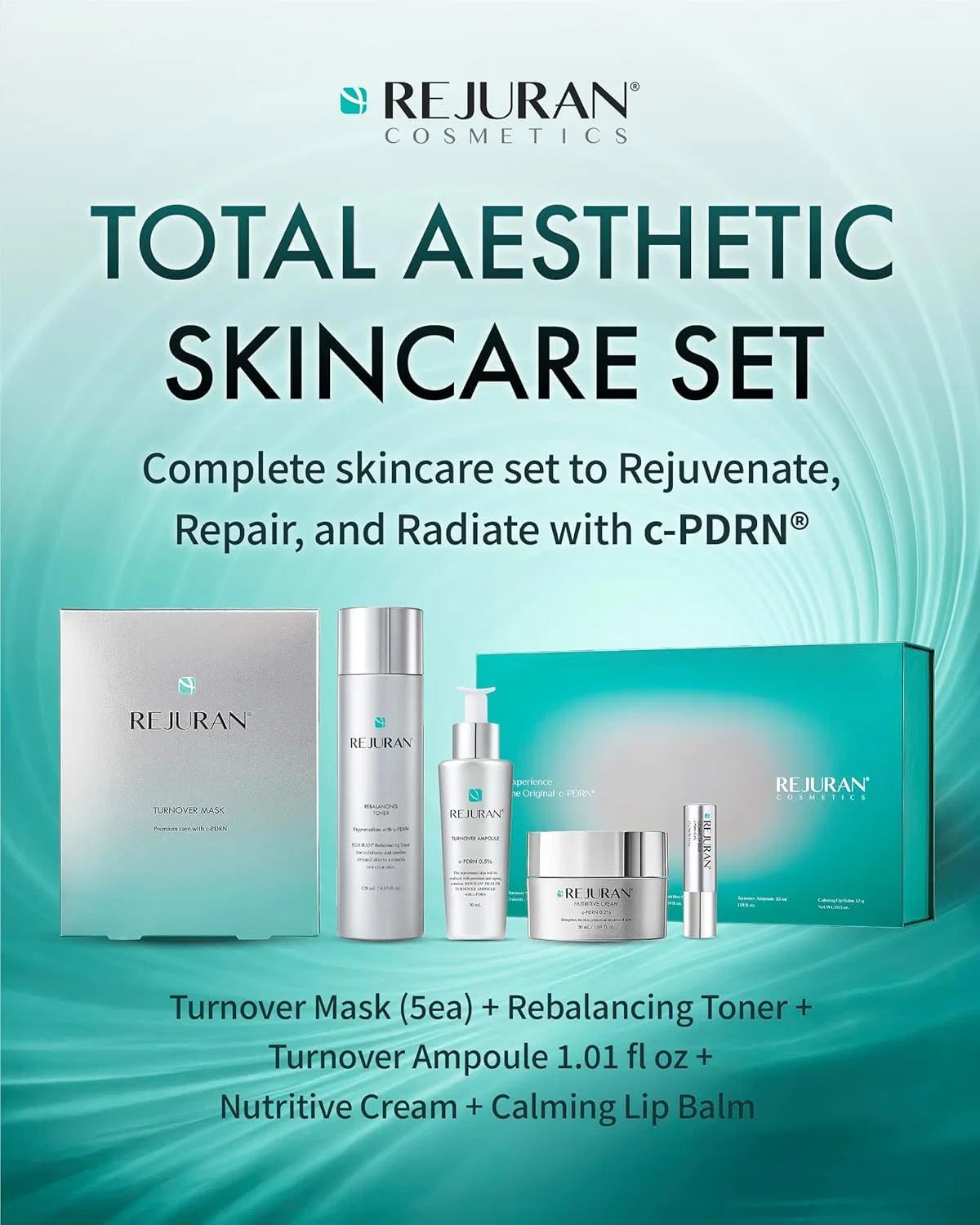 Набор косметики Rejuran Skincare Coffret Set, 5 предметов (тонер/сыворотка/крем/маска/бальзам для губ) — фото 2