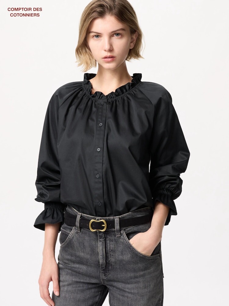 

Атласная рубашка с оборками из хлопка Uniqlo, черный
