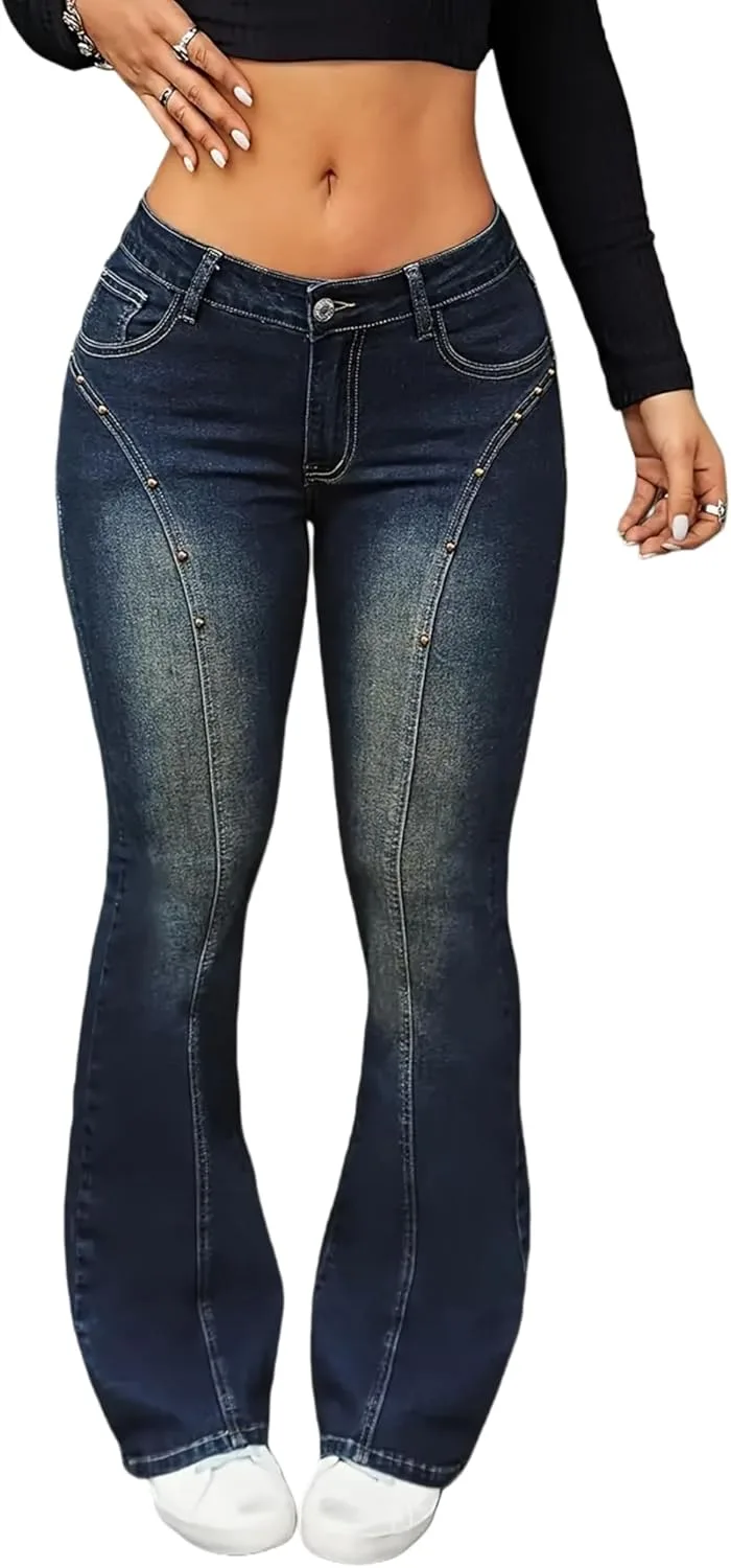 

Женские джинсы с высокой талией, растягивающиеся и расклешенные, с декоративными заклепками TimeGofate