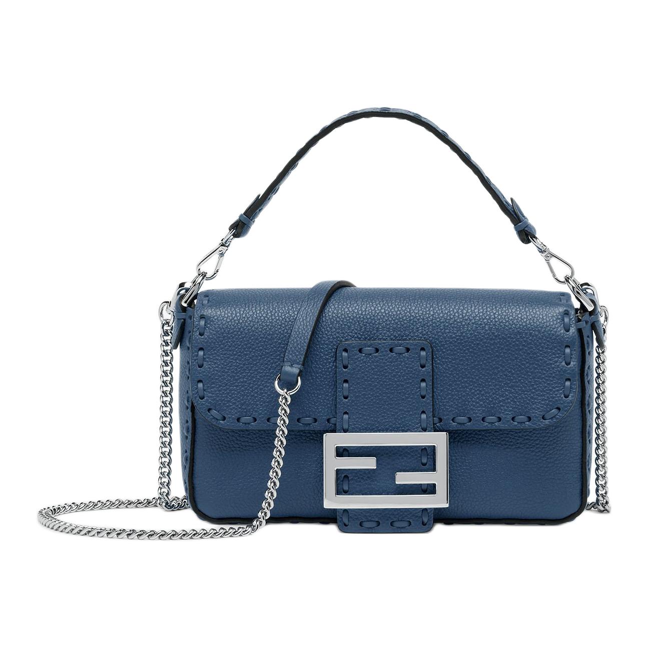 

FENDI Миниатюрная женская сумка-кроссбод через плечо из зернистой телячьей кожи сумка-багет синего цвета