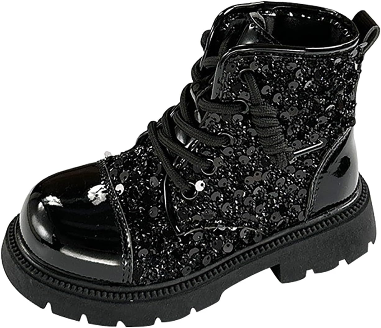 

Детские ботинки для девочек с пайетками, с отделкой из искусственного меха внутри, на шнуровке, с кружевной отделкой, модель «Принцесса», с нескользящей мягкой подошвой, на платформе, теплые зимние сапожки Generic, Black-C
