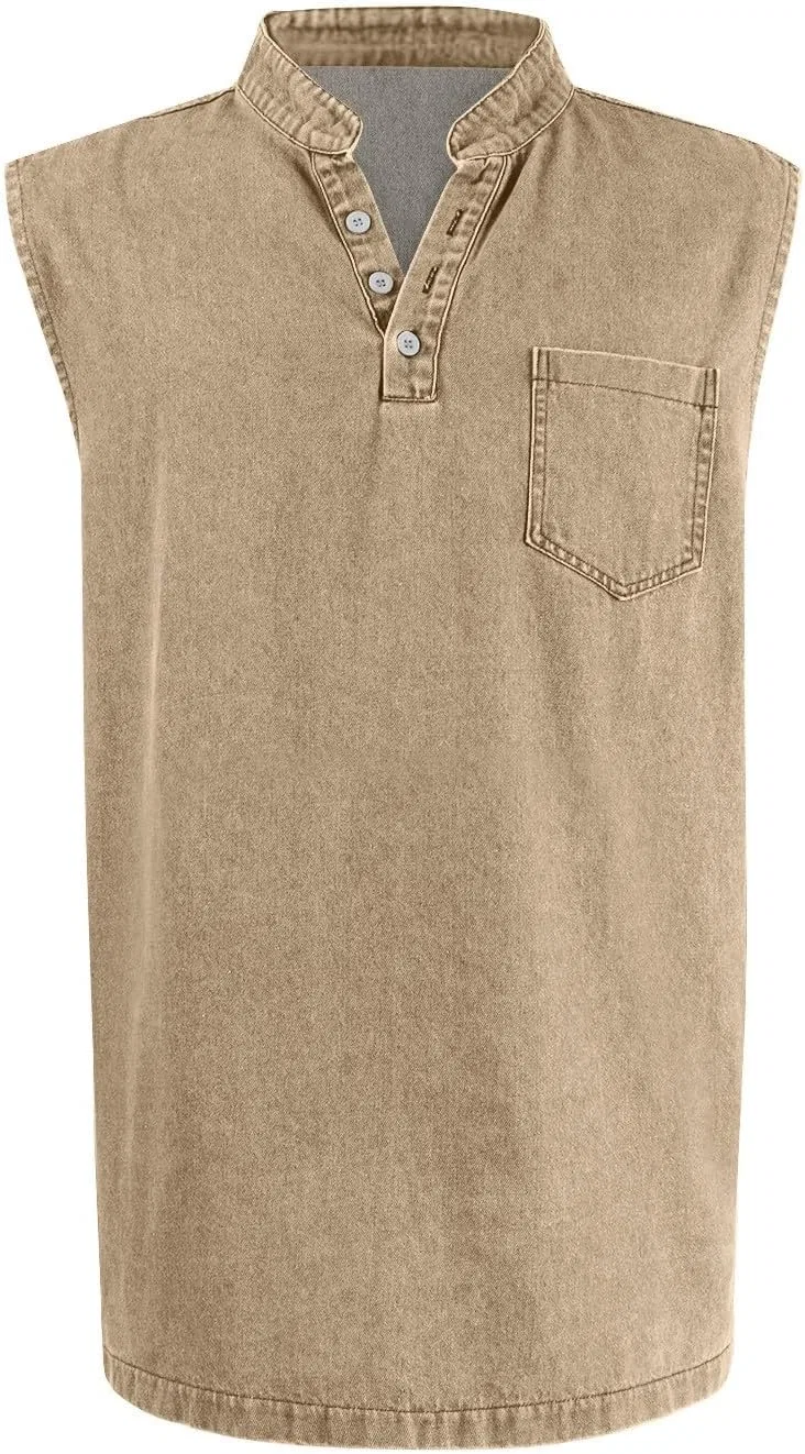 Мужская майка-безрукавка Vintage, хлопковая, с карманом, D001-khaki — фото 3