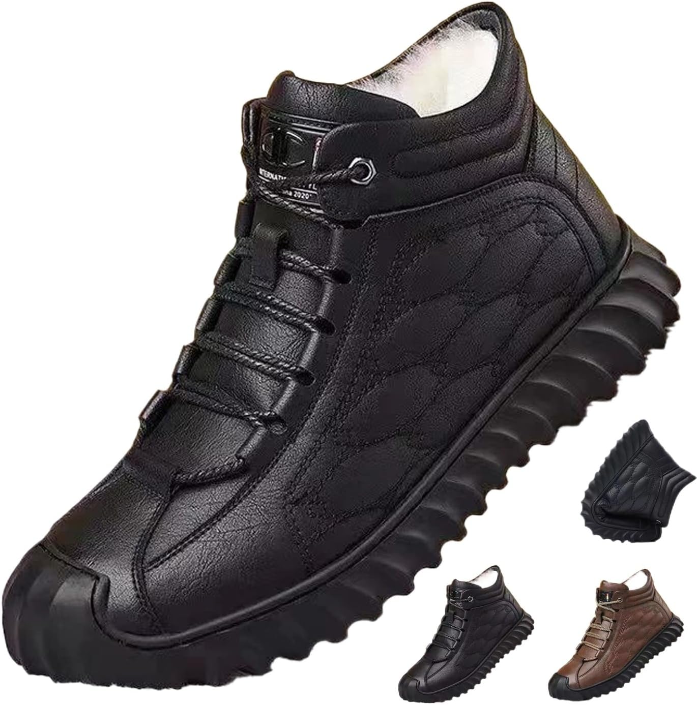 

Мужские зимние комфортные ботинки GHTRHSB с шнуровкой, кожаные ботильоны с круглым носком и принтом, теплые водонепроницаемые ботинки на платформе для походов, черный