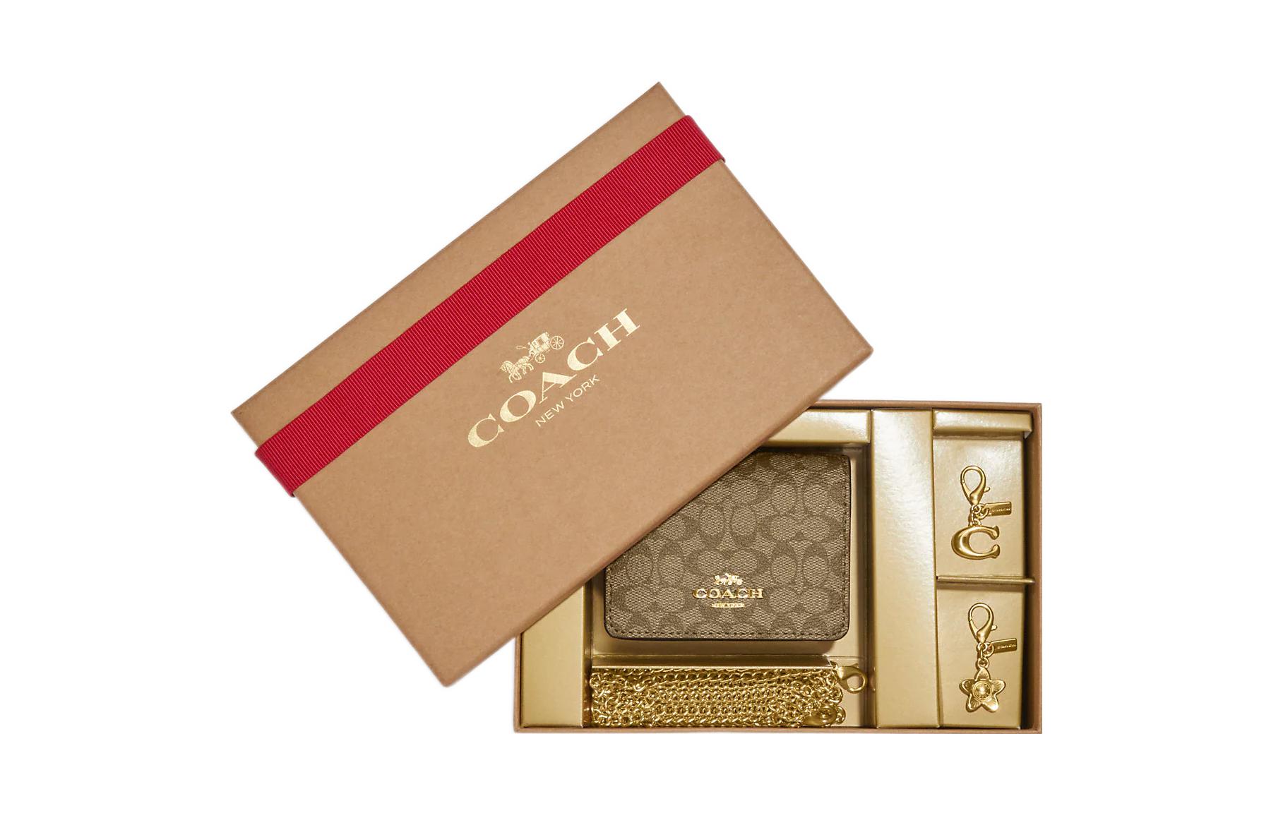 

COACH Миниатюрный холщовый кошелек с кожаным карманом и цепочкой женский хаки