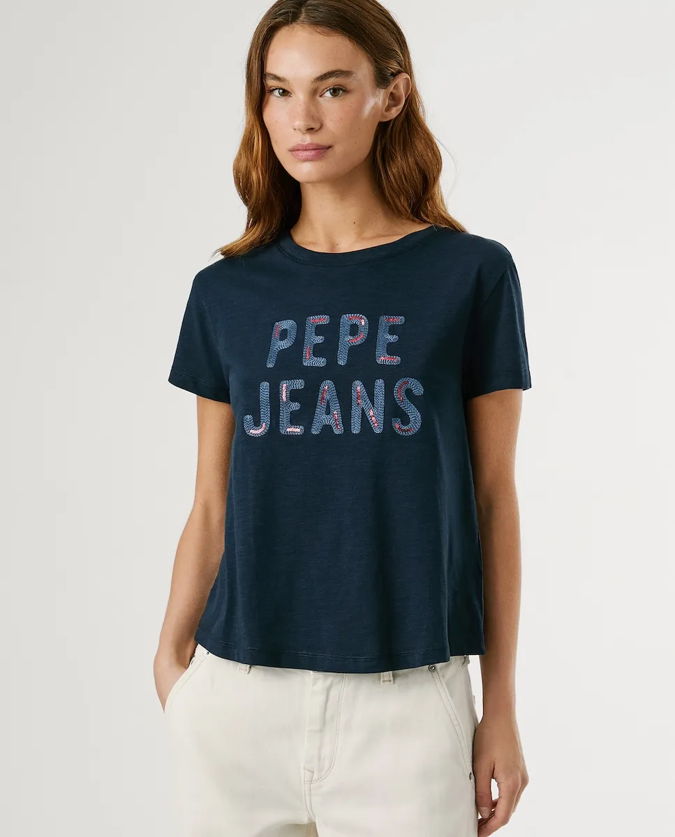 

Женская футболка с коротким рукавом и логотипом из пайеток Pepe Jeans, темно-синий