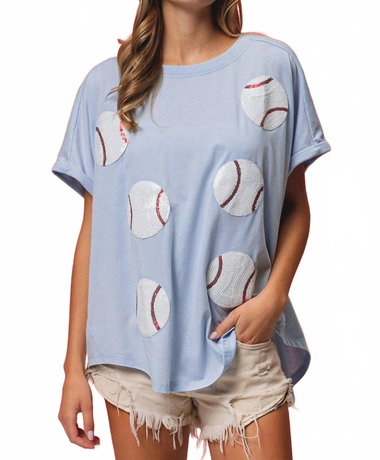 

Топ с пайетками и бейсбольными нашивками в синем цвете BiBi