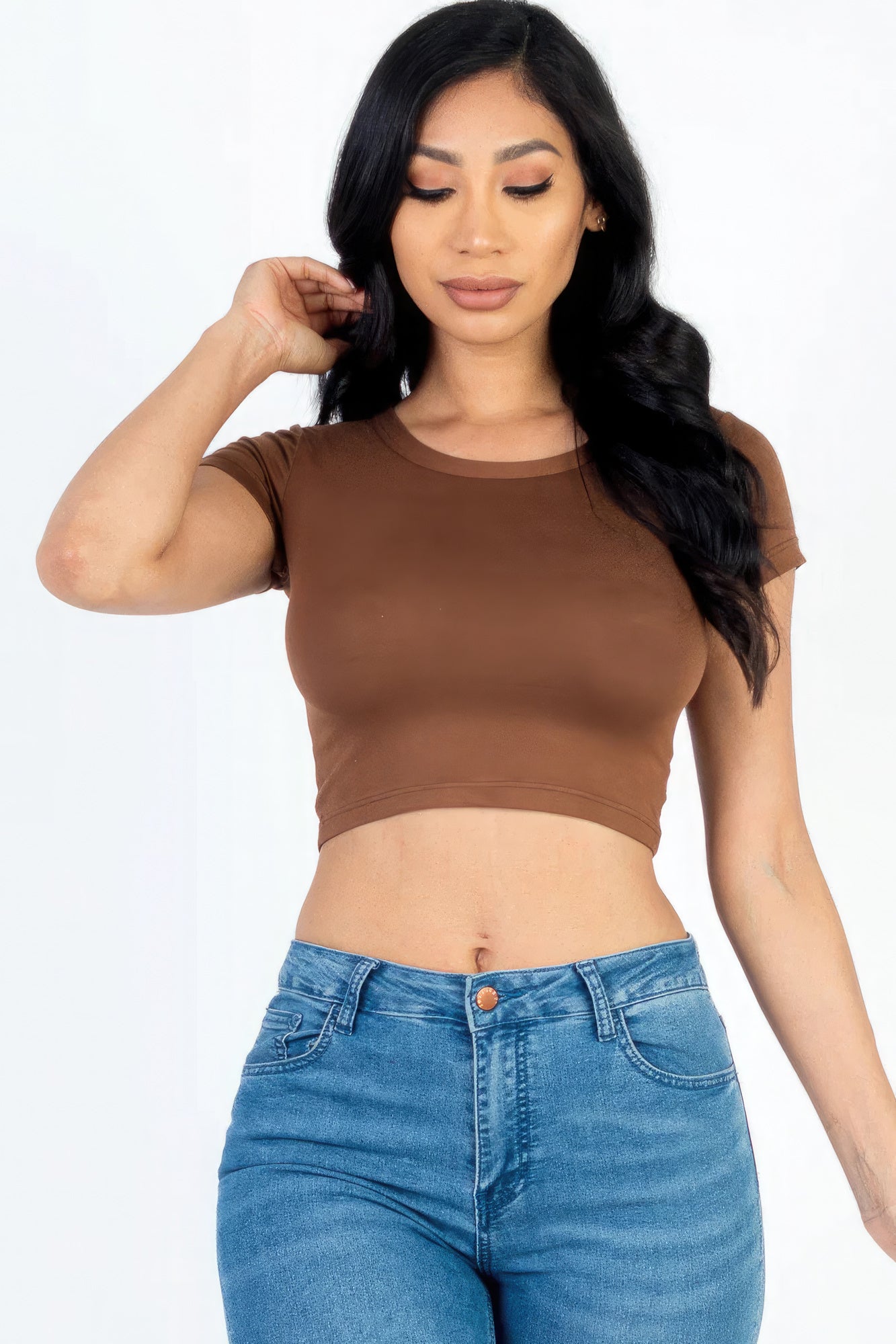 

Укороченный топ с короткими рукавами и круглым вырезом FASHNZFAB, цвет downtown brown