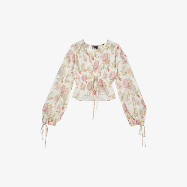 

Шелковый топ с цветочным принтом и оборками The Kooples, бежевый