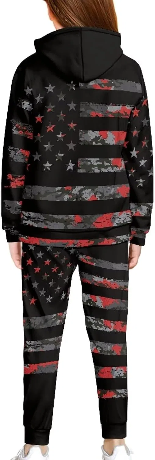 Детский спортивный костюм Graphic Long Sleeve Hoodies and Sweatpants Set, Gray American Flag Patternss — фото 2
