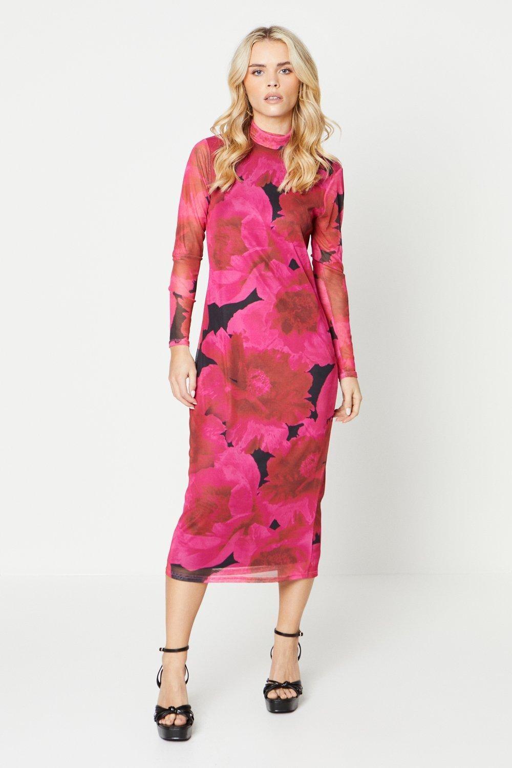 

Миниатюрное сетчатое платье миди с длинными рукавами и воротником-воронкой Oasis, розовый