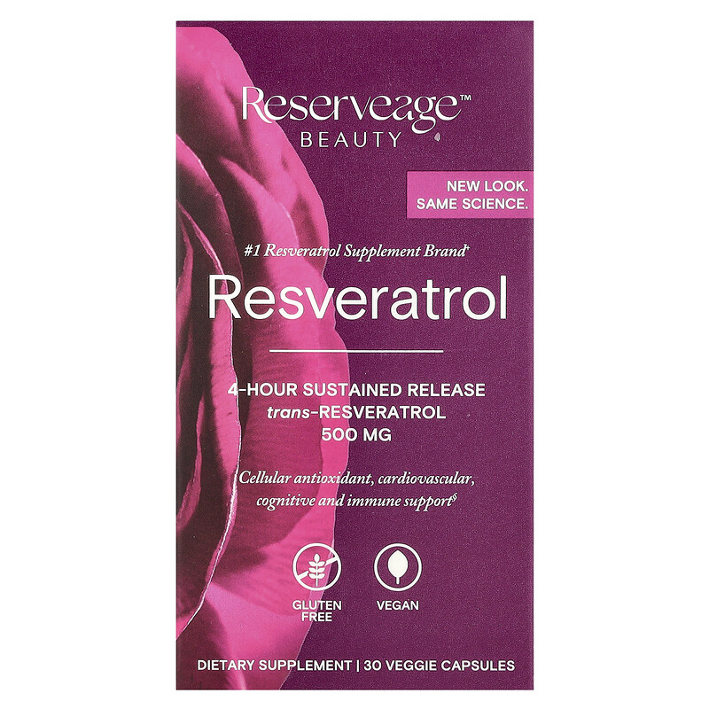 

Reserveage Beauty, Ресвератрол, транс-ресвератрол, 500 мг, 30 растительных капсул