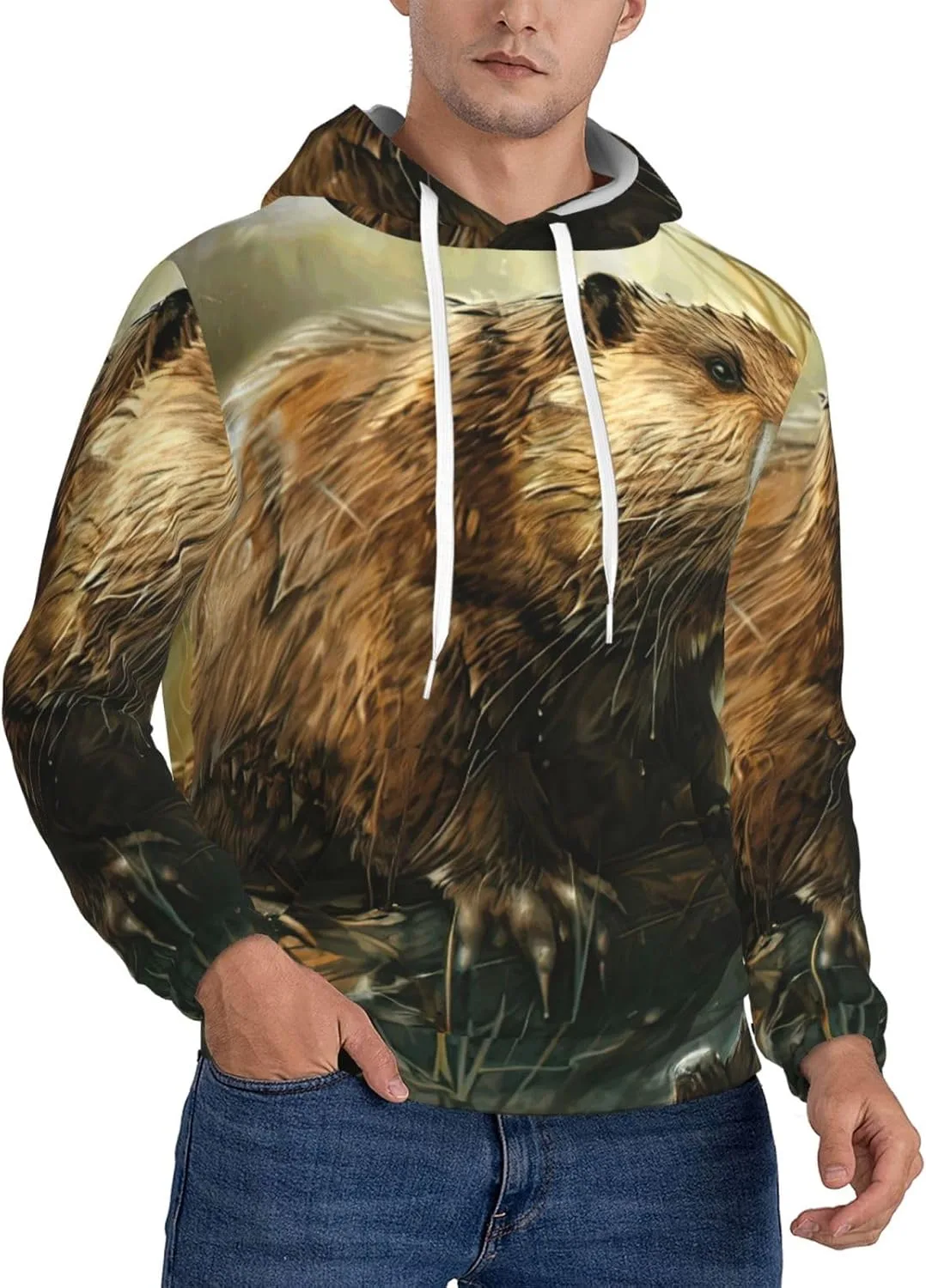 

Мужская толстовка с принтом Beaver Print, капюшон на шнурке и карманом-кенгуру bmnaswt