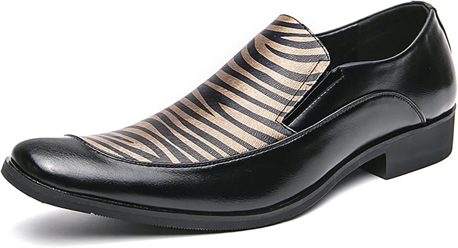 Лоферы мужские с каблуком, Zebra, Square Toe Patent Leather, Black NENGMAON