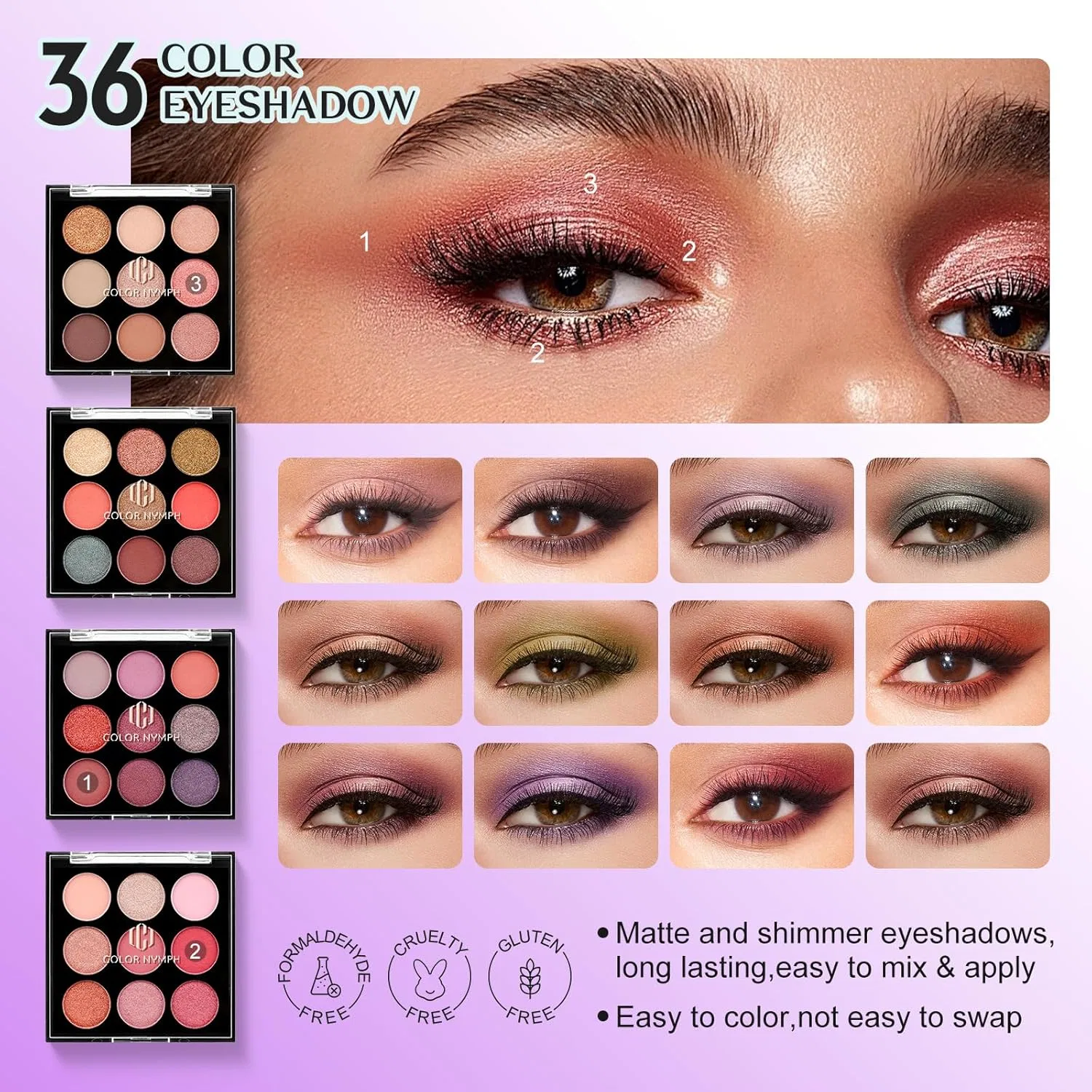 Набор косметики All-in-One Color Nymph 36 теней, 4 блеска, фиолетовый — фото 4