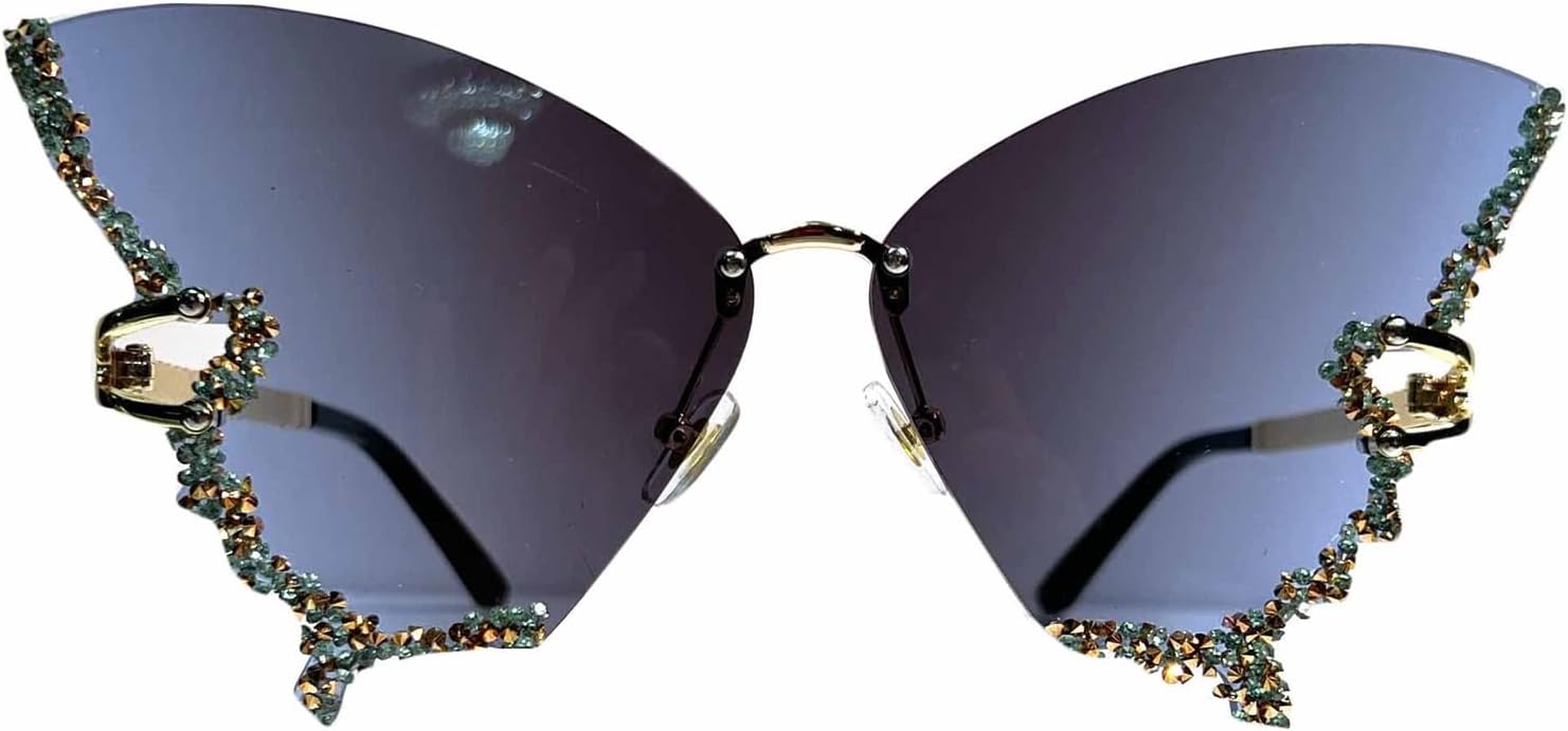 

Солнцезащитные очки Willochra с блестящими кристаллами и бабочками, женская металлическая оправа, градиентные солнцезащитные очки, женские безободковые очки со стразами, Black