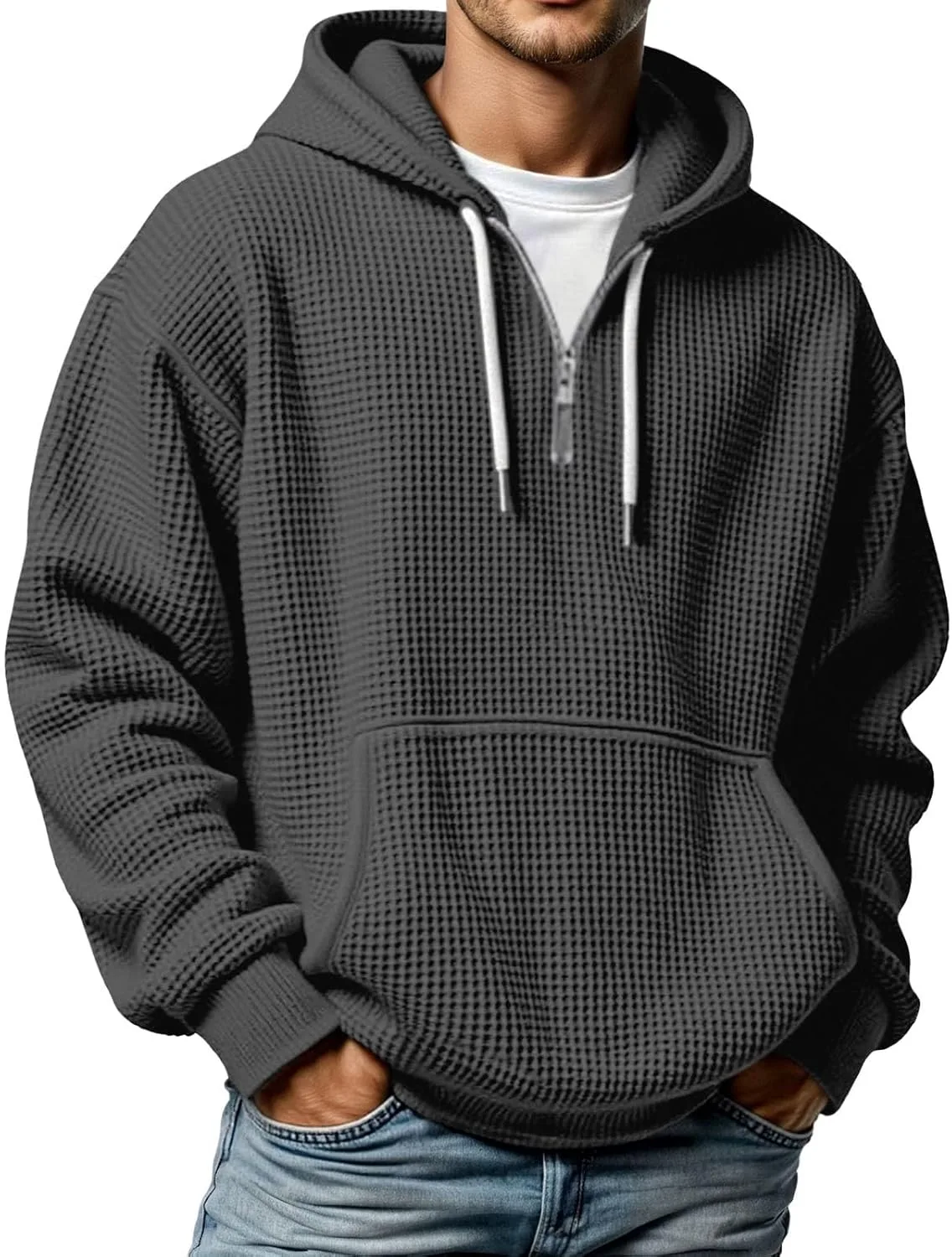 

Толстовка с капюшоном и молнией на 1/4, waffle knit, с длинными рукавами