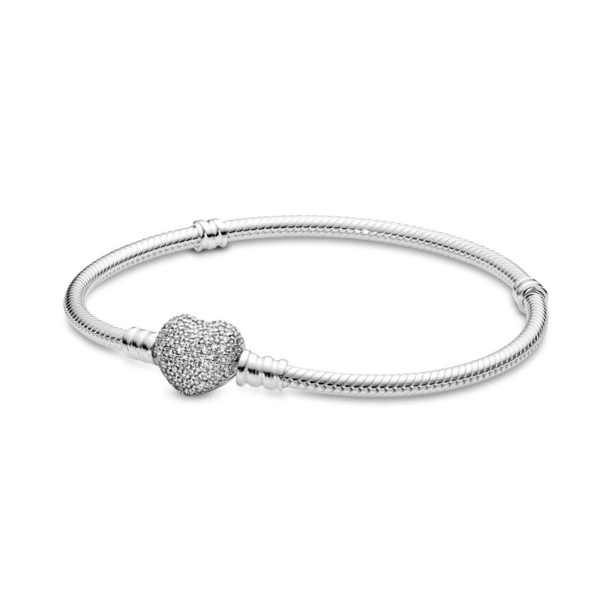 

Браслет Pandora Moments Sparkling Heart Clasp Snake Chain Bracelet, стерлинговое серебро