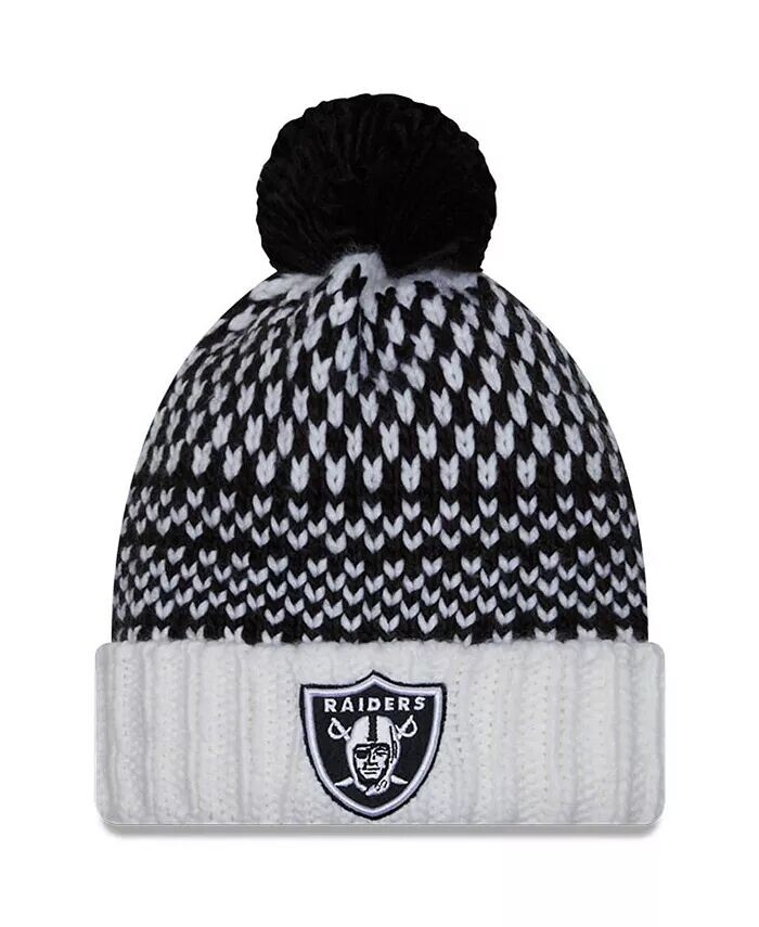 

Женская черно-белая вязаная шапка Las Vegas Raiders 2023 NFL Crucial Catch с манжетами и помпоном New Era